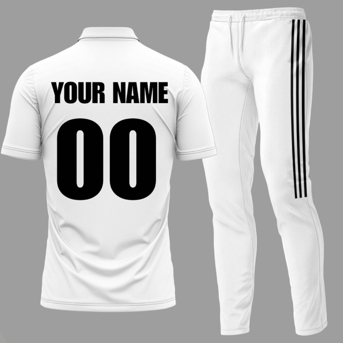 CUSTOMIZED Stripe Set - Tshirt & Trackpants Cricket White Set(PREPAID ONLY)